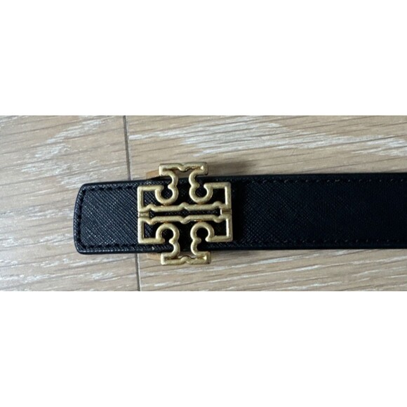Tory Burch Size M Reversible Black Tan Saffiano Leather Belt Black Logo Buckle - Picture 9 of 14